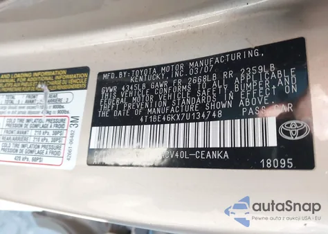2007 Toyota Camry Le from USA, damaged, VIN 4T1BE46KX7U134748
